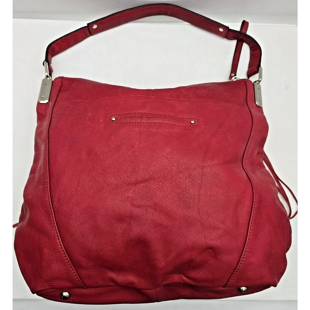 B. Makowsky Red Hobo Handbag Fringe Genuine Leather Pebbled Large